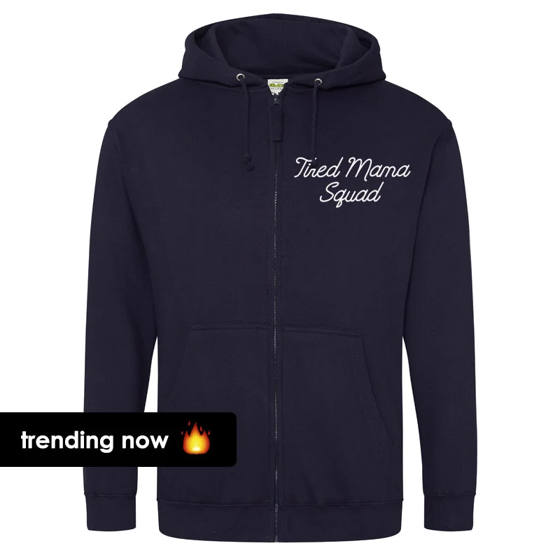 Tired Mama Squad Mini Logo Zipped Hoodie (MRK X) Hoodie with Slit Hem Functional Movement Tired Mama Squad Mini Logo Zipped Hoodie (MRK X) Hoodie with Slit Hem Functional Movement