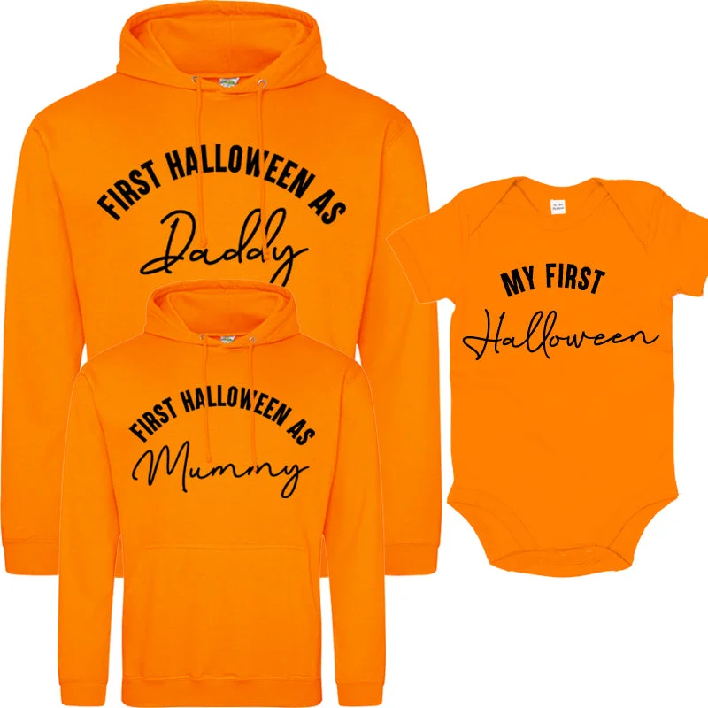 First Halloween As Family Script Orange Hoodies & Bodysuit (MRK X) Hoodie with Hem Drawcord Adjustable Customizable First Halloween As Family Script Orange Hoodies & Bodysuit (MRK X) Hoodie with Hem Drawcord Adjustable Customizable