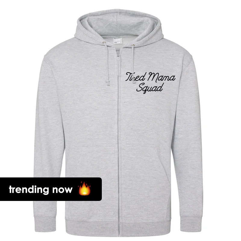 Tired Mama Squad Mini Logo Zipped Hoodie (MRK X) Hoodie with Hem Detail Decorative Unique Tired Mama Squad Mini Logo Zipped Hoodie (MRK X) Hoodie with Hem Detail Decorative Unique