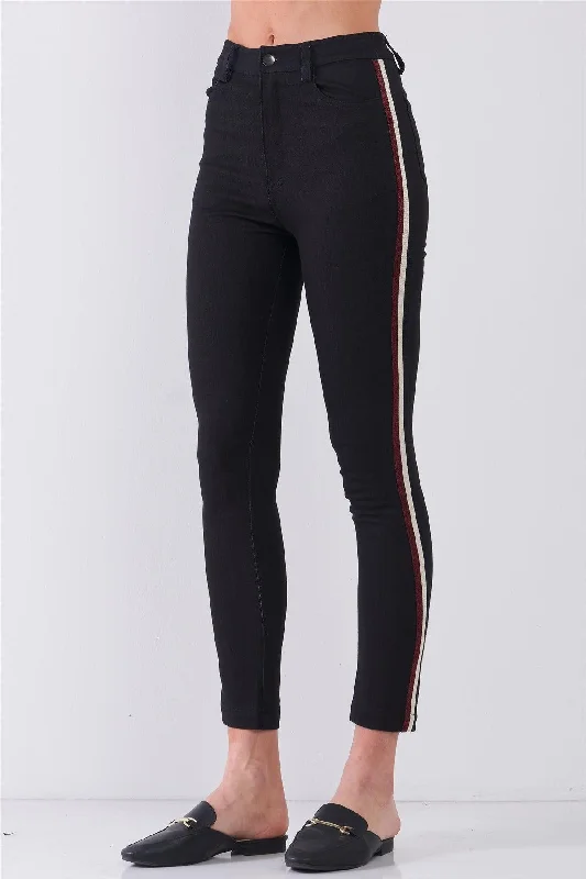 Black Mid-Rise Glitter Multi-Stripe Side Trim Detail Skinny Pants Classic Bootcut Trousers