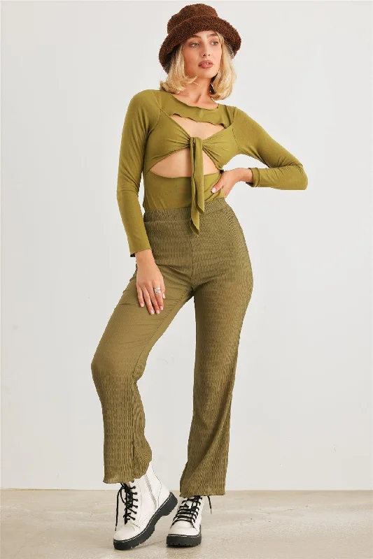Light Olive Plisse High Waist Lettuce Hem Pants /1-2-2-1 Casual Drawstring Pants
