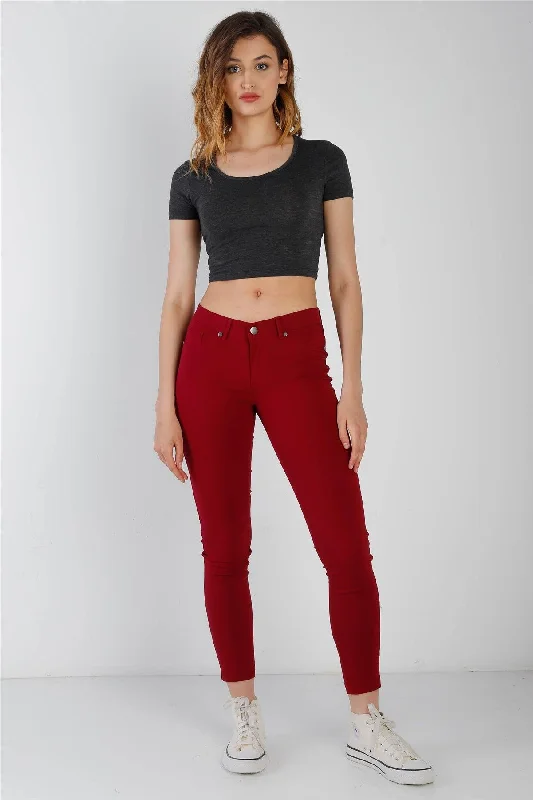 Ruby Red Contrast Button Mid Rise Skinny Pants Stylish Paperbag Waist Pants