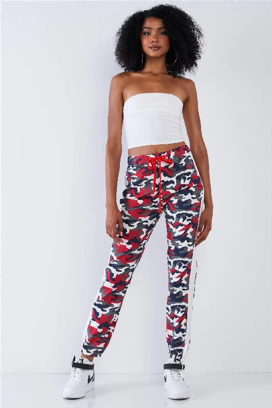 Red Camo Side Striped Elastic Waist Cargo Pants Classic Chino Pants
