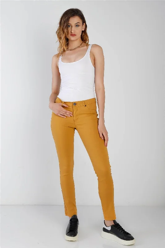 Mustard Contrast Button Mid Rise Skinny Pants Cozy Full-Length Pants