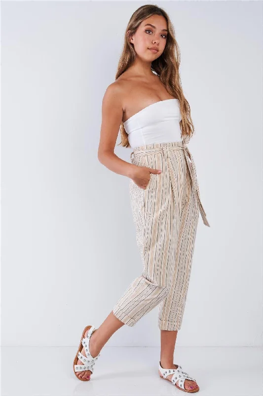 Natural Striped High Waisted Tapered Folded Hem Pants Warm Wool Trousers