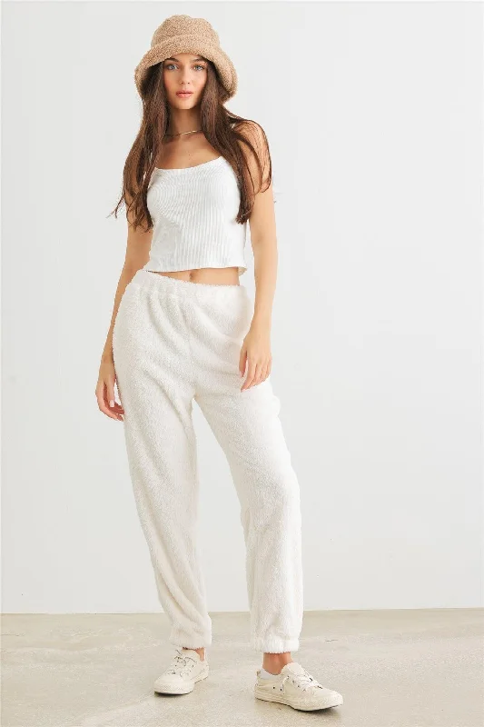 Ivory Fuzzy Knit Two Pocket High Waist Pants /2-2-2 Chic Slim Fit Pants