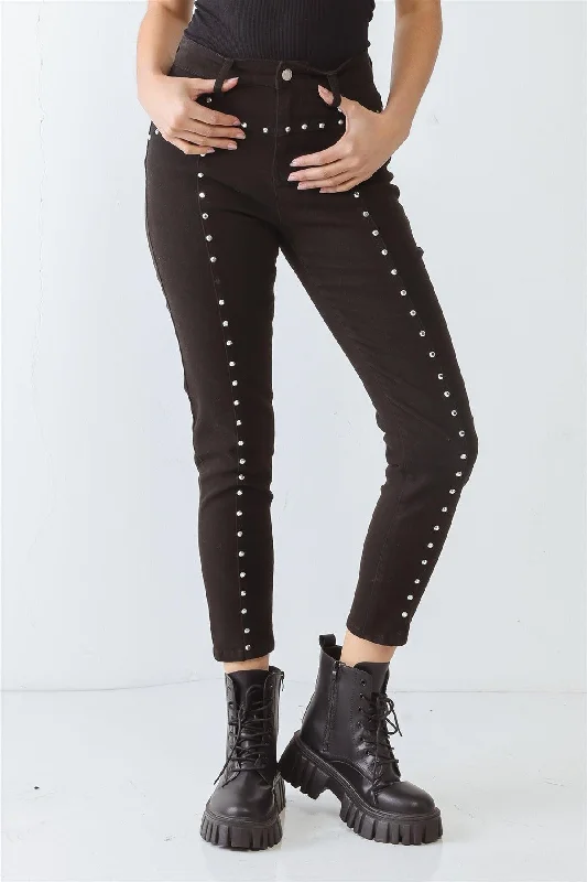 Black Cotton Skinny Rivet Two Pocket High Waist Pants Classic Straight-Leg Pants