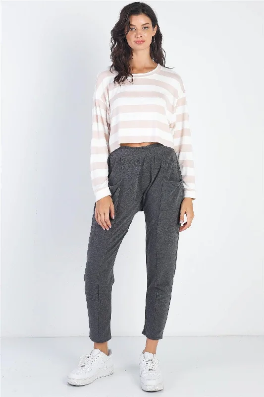 Charcoal Front Pocket Detail High Waist Jogger Pants Comfortable Denim Leggings