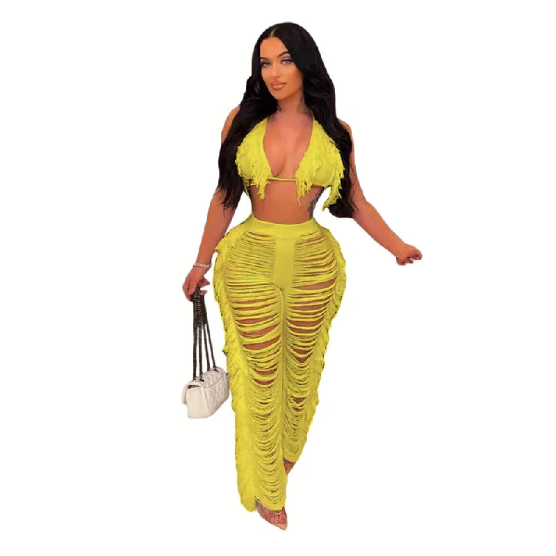 New Women 'S Pure Color Bikini Tassel Knitted Beach Pants Suit (CL10134) Comfortable Denim Trousers