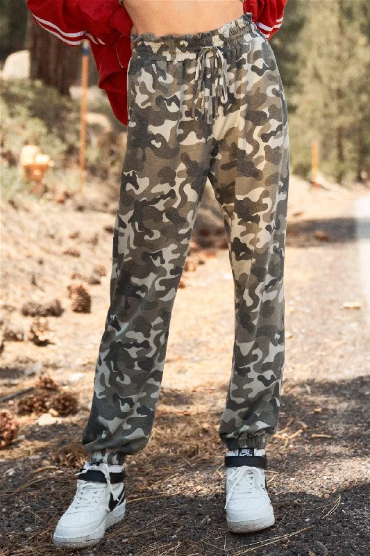 Olive Camo Print Self-Tie Ruffle High Waist Jogger Pants Comfy Athletic Pants