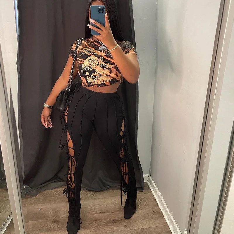 New spring and summer women's high waist solid color lace-up pencil pants (CL10109) Fashionable Button-Up Pants