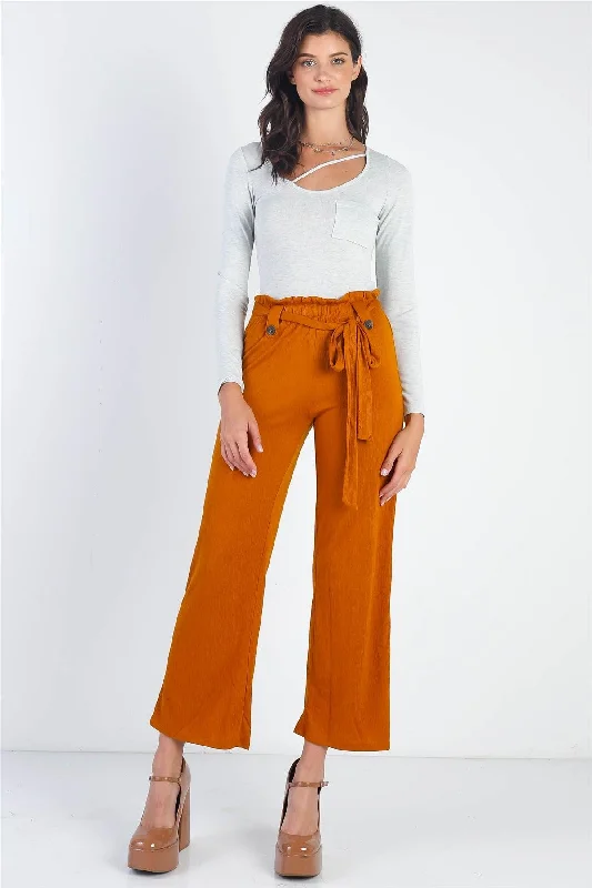 Rust Textured Self-Tie Belted Culotte Pants Comfortable Denim Pants