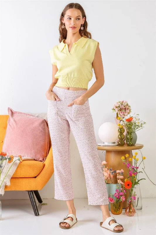 Pink & Cream Chamomile Print Two Pocket High Waist Pants /3-2-1 Comfortable Jogger Trousers