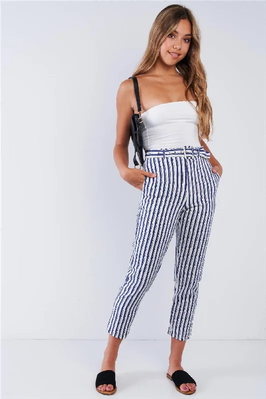 Navy Striped Tapered Belted Capri Pant Trendy Wide-Leg Pants