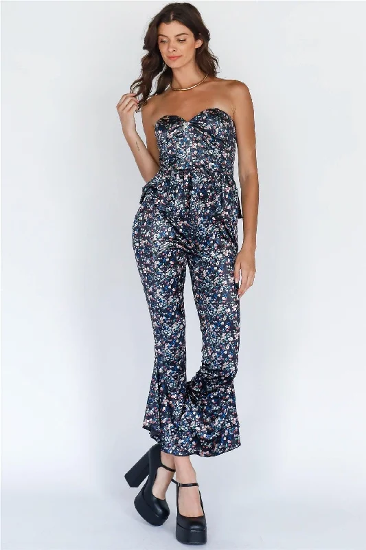 Multi Color Floral Print Velvet Top & Flare Hem Pants Set Trendy High-Waist Trousers