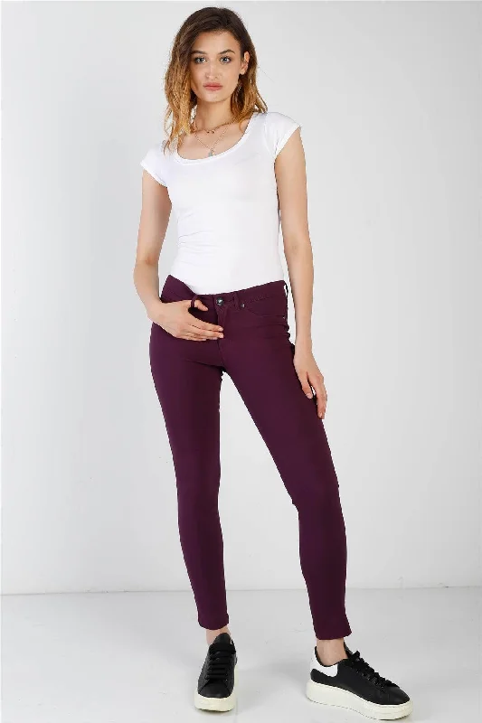 Purple Plum Contrast Button Mid Rise Skinny Pants Formal Stretch Pants