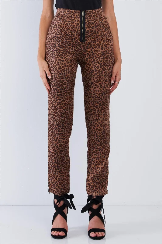 Leopard Print High Waisted Front Zipper Fly Accent Ankle Length Pants Formal Dress Pants
