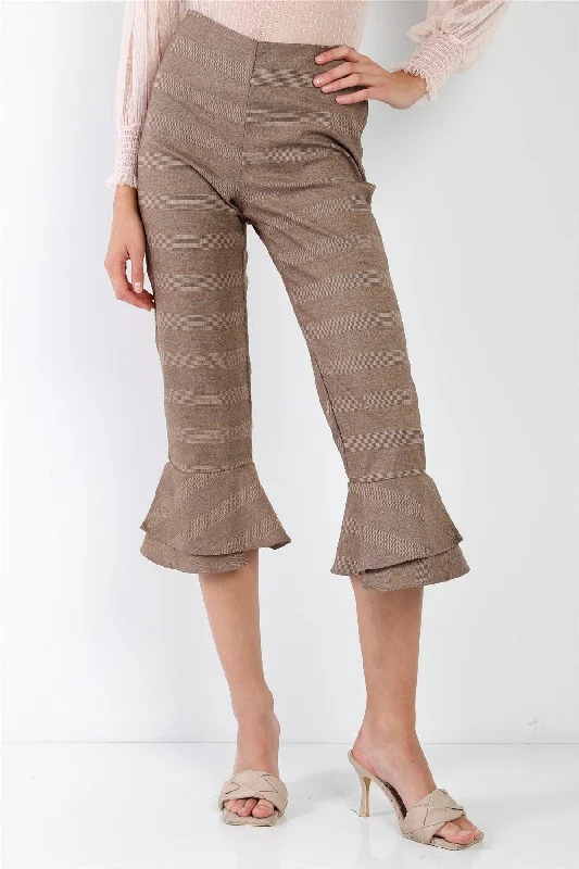 Brown Checkered High-Waisted Capri Pants /1-2-2-1 Comfy Cargo Trousers