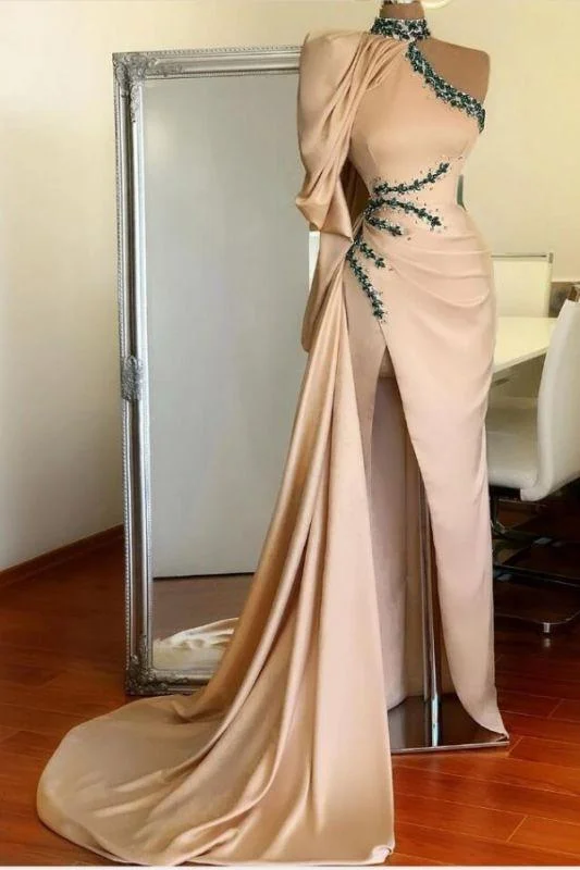 Asymmetrical High Neck Sexy Slit Prom Dresses C544