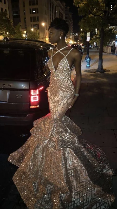 A-Line Sweep Train Sequined Prom Dress  C572