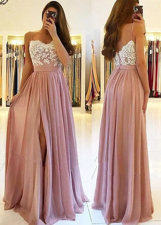 Charming A Line Sweetheart Split White and Blush Lace Long Prom Dresses  C328