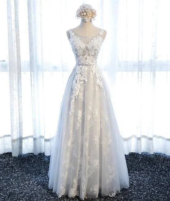 A Line Round Neck Sleeveless Lace Grey Prom Dresses C597