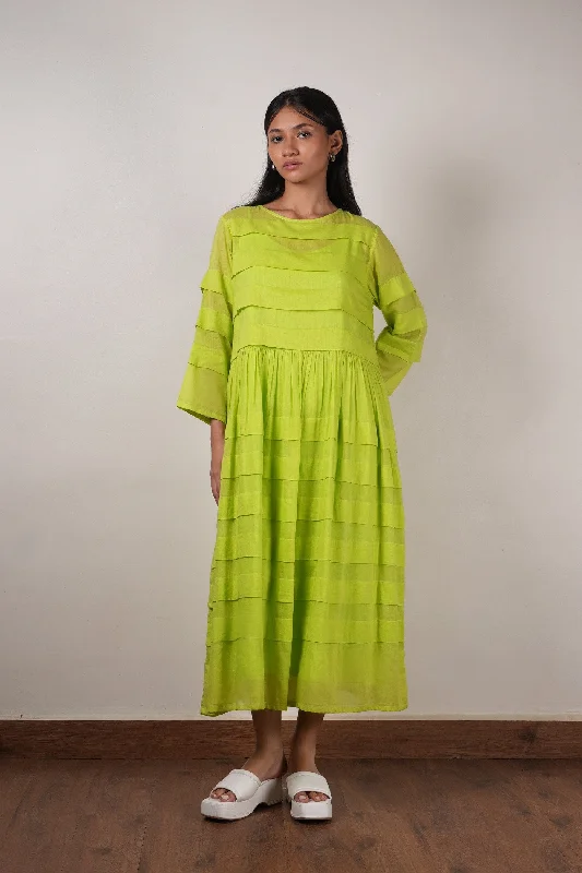 Mati Pleated Dress-Neon Green