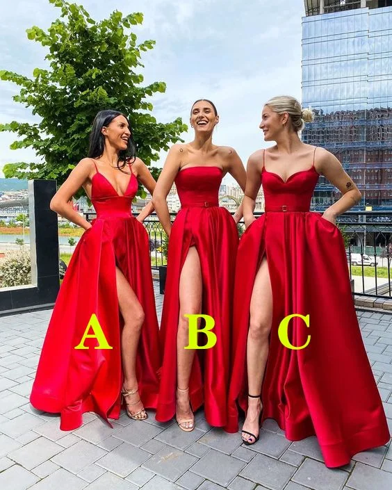 A-Line Red Satin Side Slit Long Prom Dresses C259