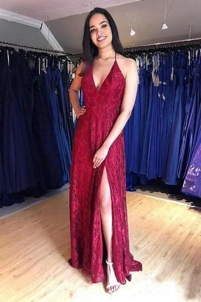 Burgundy Halter Sleeveless Floor Length Prom Dresses with Lace C325