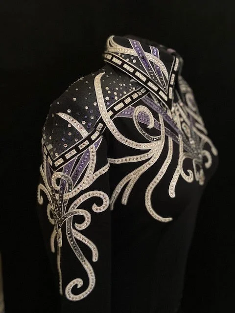 #1366 Black w/White and Lavendar Show Blouse, Ladies L, 8637-14 Delicate Bow Blouse