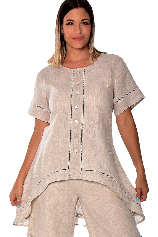 Azucar Ladies 100% LINEN Short Sleeve Wide Neck Hi-Low Blouse - LLWB2083 Office Formal Blouse Azucar Ladies 100% LINEN Short Sleeve Wide Neck Hi-Low Blouse - LLWB2083 Office Formal Blouse