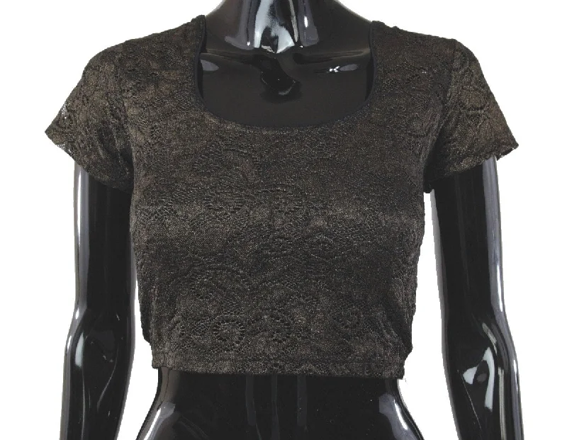 Black Gold Metallic Stretchable Blouse Romantic Lace Blouse