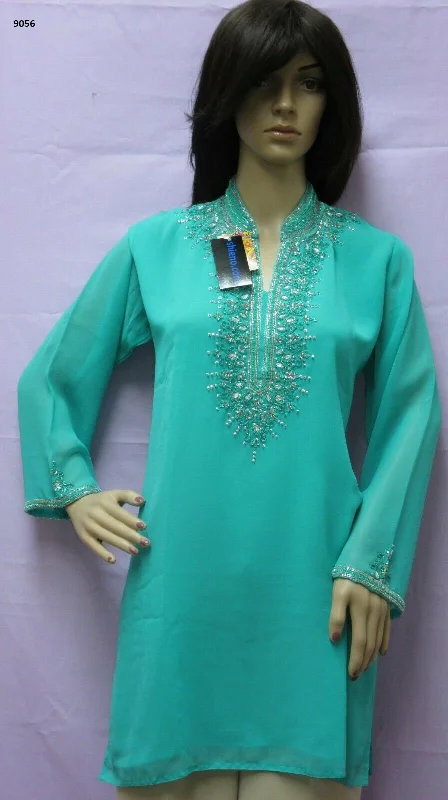 Blouse 9056 Solid Firozi Georgette Silver Detail Cocktail Wear Medium Size Kurti Cotton Casual Blouse