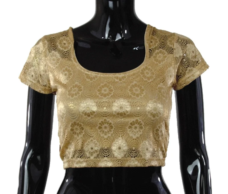 Gold Color Stretchable Blouse with Floral Design Loose Oversized Blouse