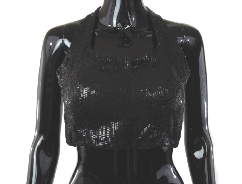 Halter Neck Black Sequin Blouse Elegant Peplum Blouse