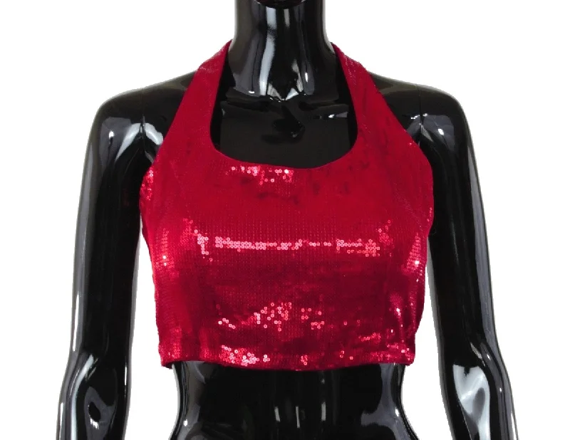 Halter Neck Red Sequin Blouse Collared Satin Blouse