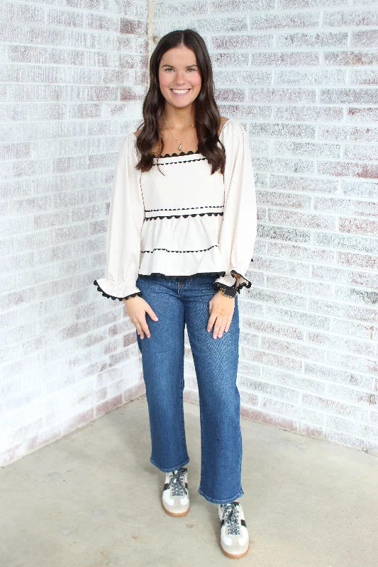 Into The Clouds Scallop Detail LS Blouse Casual Button Blouse