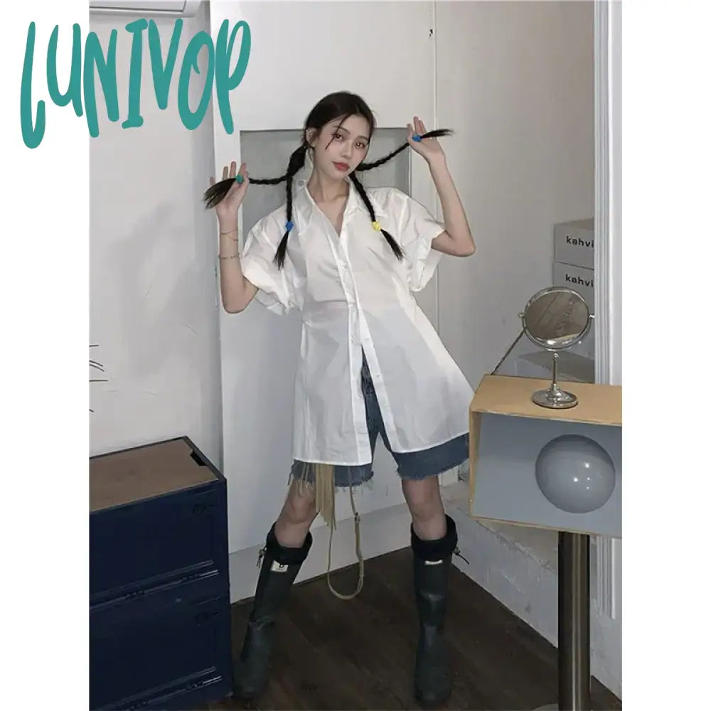 Lunivop Streetwear White Shirts Women Harajuku Folds Short Sleeve Blouses Summer Preppy Korean Fashion Design All Match Chic Tops Chic Off-Shoulder Blouse