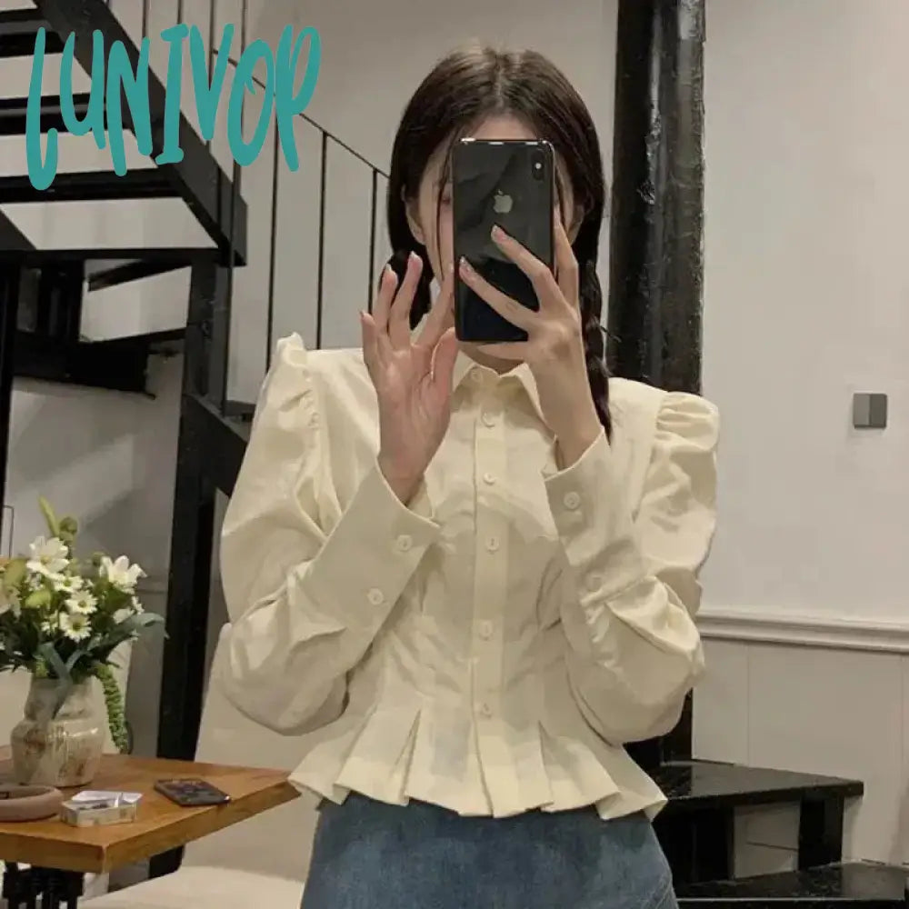 Lunivop Vintage Folds Shirts Women Korean Ruffles Puff Long Sleeve Crop Tops Streetwear Preppy Slim All Match Blouses Spring New Embroidered Floral Blouse