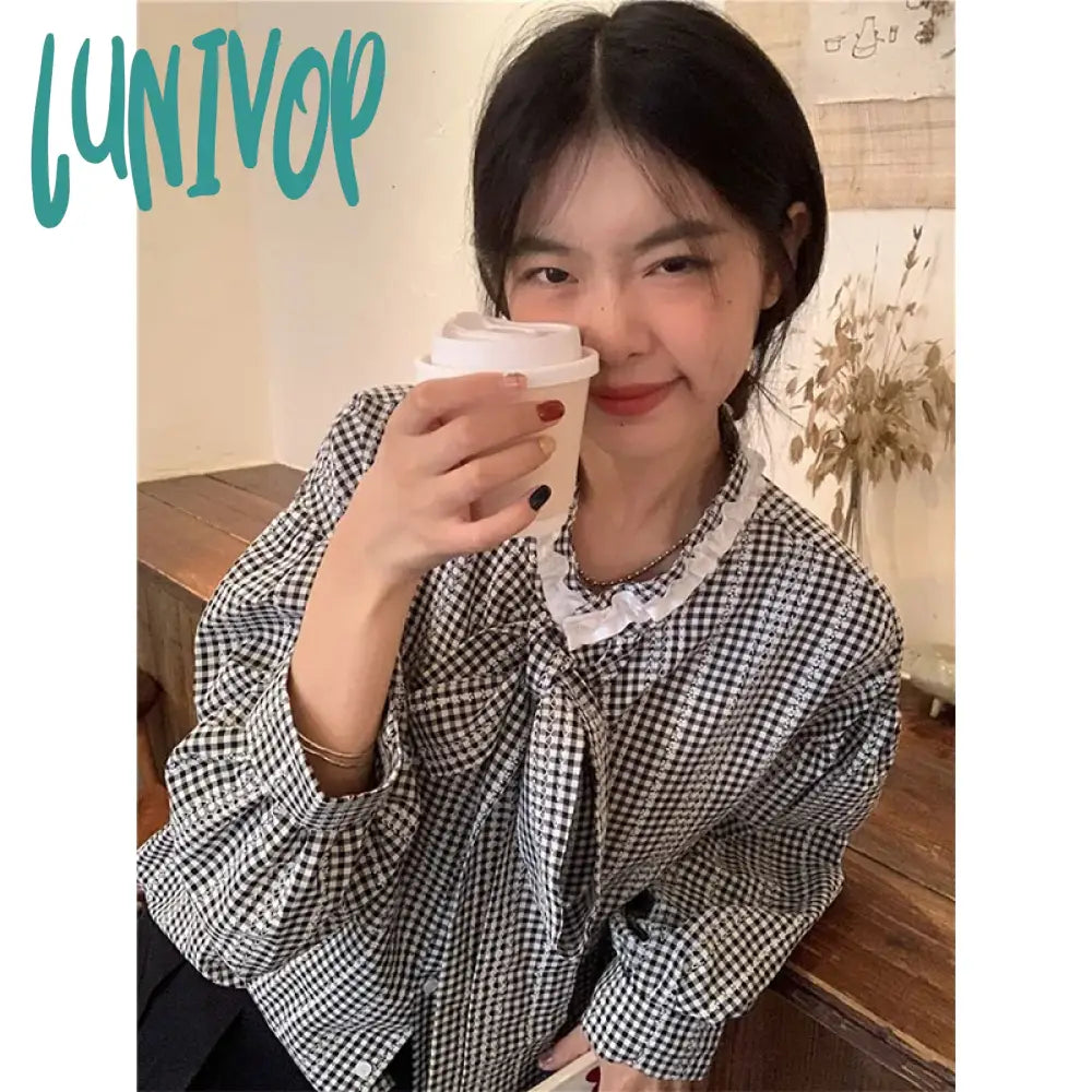 Lunivop Vintage Plaid Shirts Women Sweet Cute Bow Bandage Long Sleeve Blouses Korean Elegant Lace Patchwork Loose Casual Tops New Stretchy Fitted Blouse
