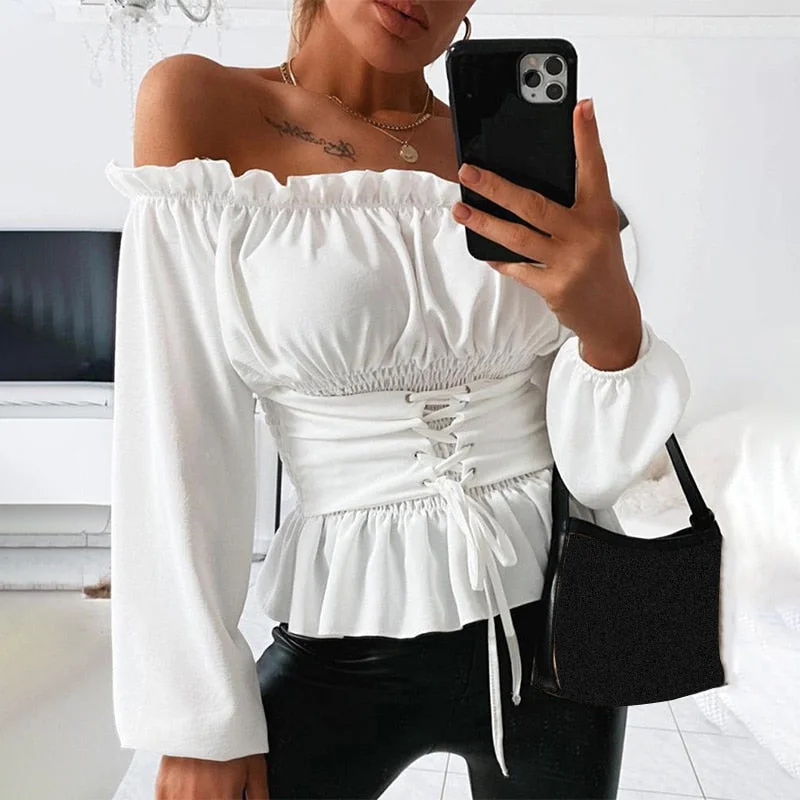 Off Shoulder Bandage Women's Blouse Ruffle Letter Print Lace Up Lantern Sleeve Female Blouses 2020 Summer Fashion Ladies Top Cotton Casual Blouse Off Shoulder Bandage Women's Blouse Ruffle Letter Print Lace Up Lantern Sleeve Female Blouses 2020 Summer Fashion Ladies Top Cotton Casual Blouse