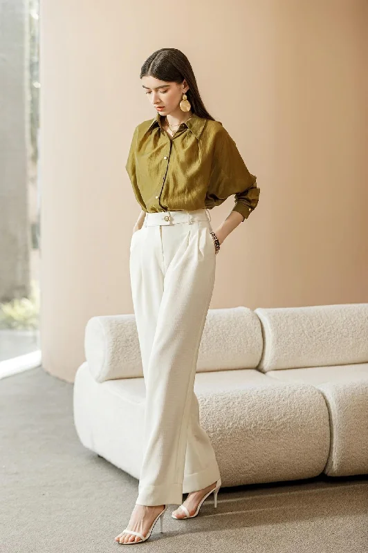 Olive Sheen Button-Up Blouse Romantic Lace Blouse