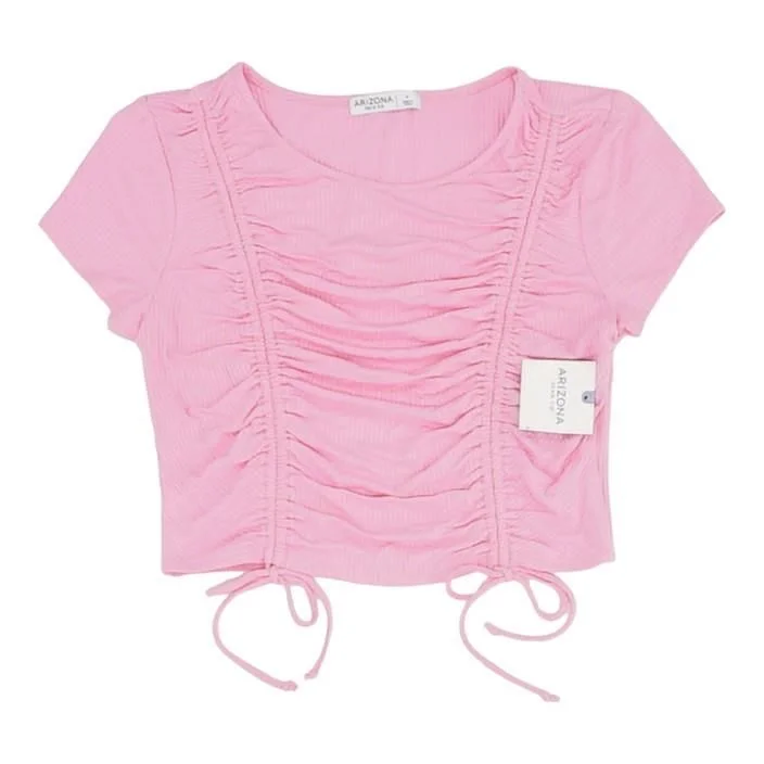 Pink Solid Short Sleeve Blouse Textured Cotton Blouse