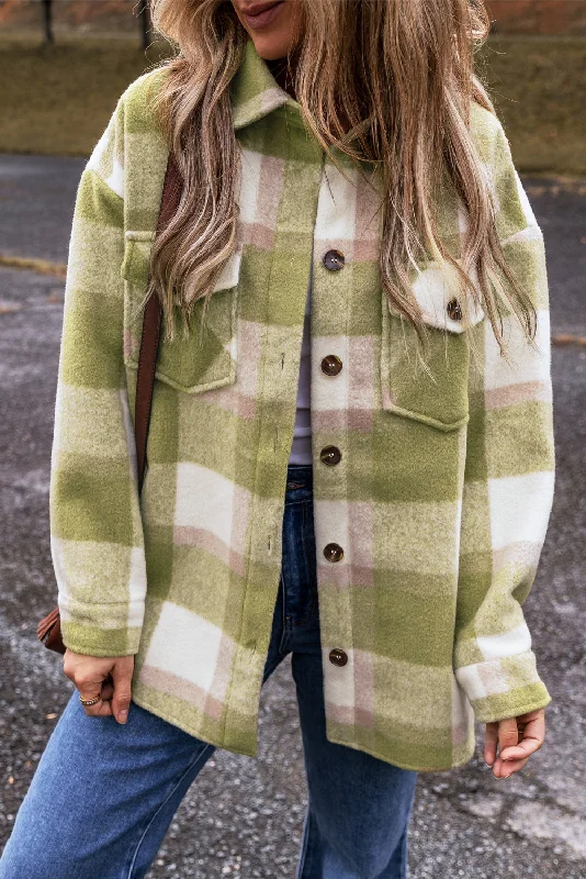 Plaid Buttoned Flap Baggy Shacket Flowy Bohemian Blouse