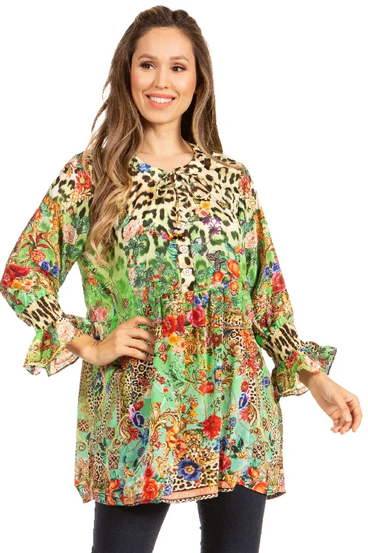 Elvira Floral Tunic Blouse - Women's Loose Swing Top with Long Sleeves and Scoop Neck by Sakkas Semi-Sheer Blouse