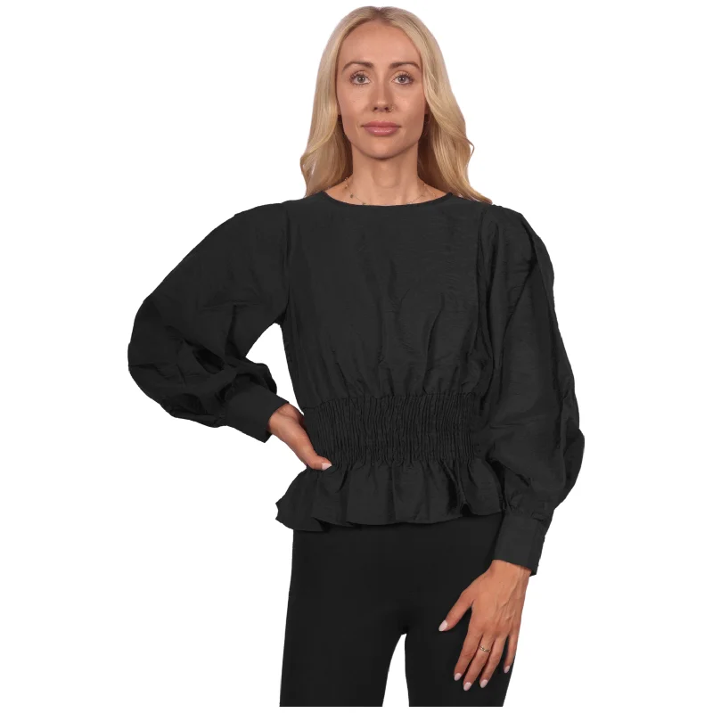 Topshop Women's Long Sleeve Ruched Waist Blouse - Black Casual Button Blouse