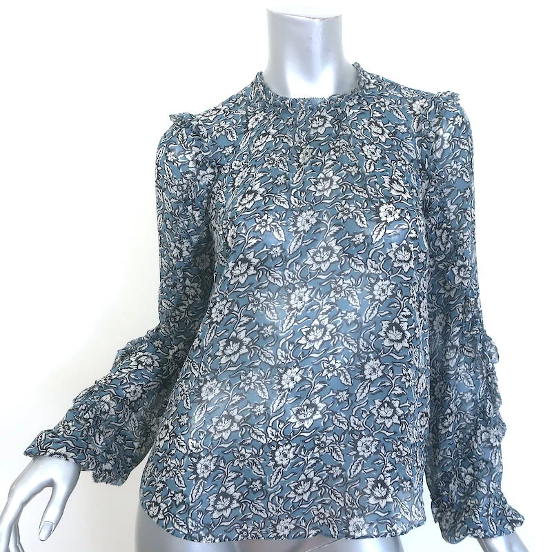 Veronica Beard Carolina Blouse Blue Floral Print Silk Size 2 Ruffle Sleeve Top Textured Cotton Blouse