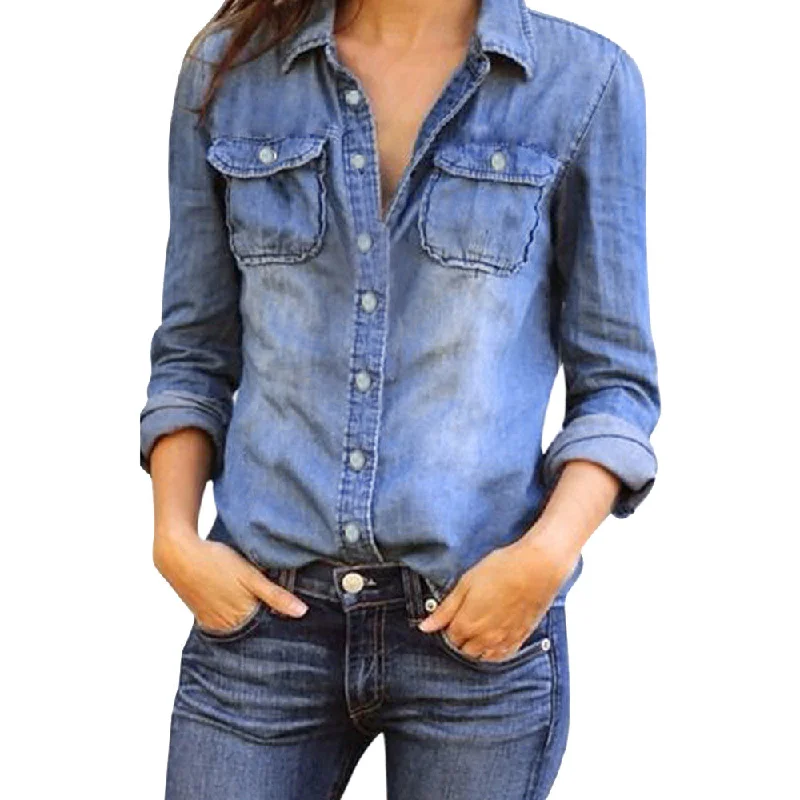 Women Blouse Women Casual Blue Jean Satin Bow Blouse