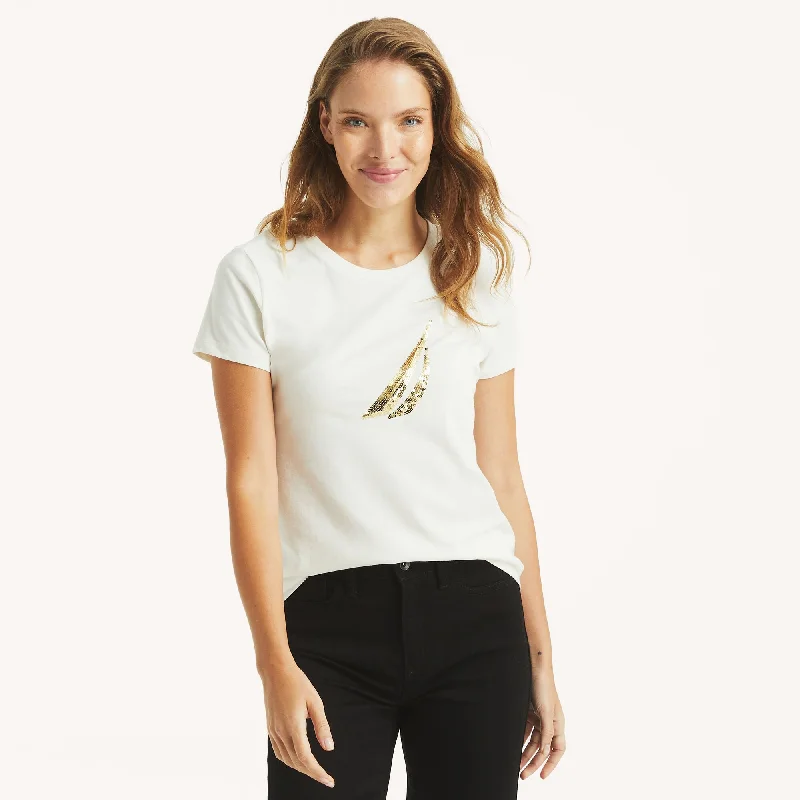 Nautica Womens Sustainably Crafted J-Class Sequin Graphic T-Shirt Hooded Caped Shawl Collar