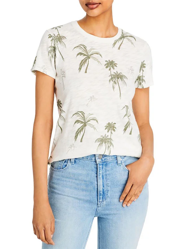 Womens Crewneck Printed T-Shirt Mesh Fabric Canvas Fabric Denim Fabric